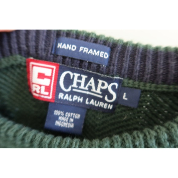 VTG Chaps Ralph Lauren Green Chevron Hand Framed Knit Sweater L Crown Logo - Picture 5 of 7